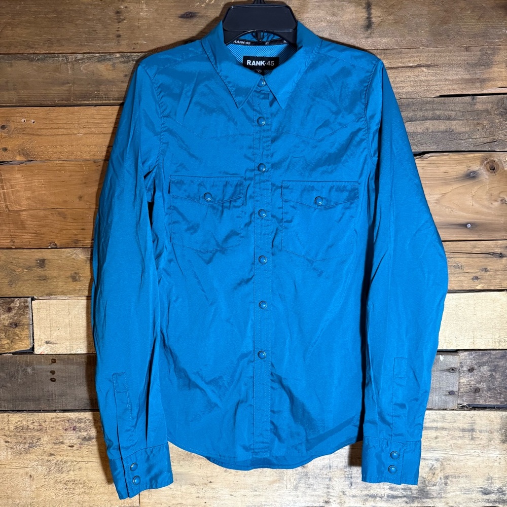 RANK 45 WOMEN'S VENTED PERFORMANCE LONG SLEEVE PEARL SNAP TEAL WESTERN SHIRT XS